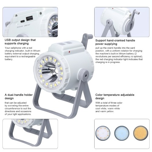 Portable Camping Lamp  3in1 Hand Crank Tent Lamp Searchlight SOS Flashlight Light Three Color Temperatures Adjustable 