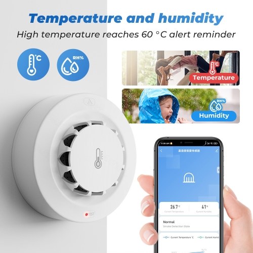 Tuya Wifi BT Two Connection Smoke Detector Temperature Humidity Measurement Device 80dB Sound Alarm with Cellphone APP Remote Push Alert Function Compatible with Alexa and Google Home Voice Control 