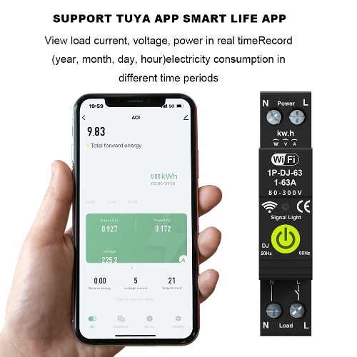 Tuya WiFi Intelligent Circuit Breaker ON OFF Timing Photovoltaic Bidirectional Metering Energy Meter Automatic Reclosing Protector with Metering and Prepaid Function Compatible with Alexa and Google Assistant for Voice Control 