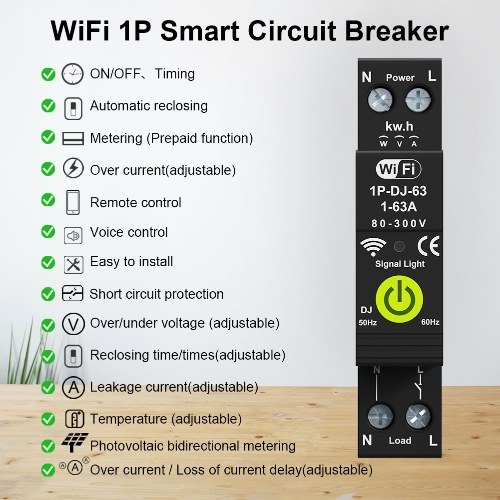 Tuya WiFi Intelligent Circuit Breaker ON OFF Timing Photovoltaic Bidirectional Metering Energy Meter Automatic Reclosing Protector with Metering and Prepaid Function Compatible with Alexa and Google Assistant for Voice Control 