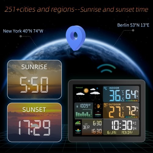FJ3566M Smart Weather Station with Clock Indoor and Outdoor Temperature & Humidity Meter Multifunctional Large Color Screen Weather Clock Temperature & Humidity Gauge with 1 Sensor(Support up to 3 Sensers), Temperature Humidity Moon Phase Tide Pressure We 
