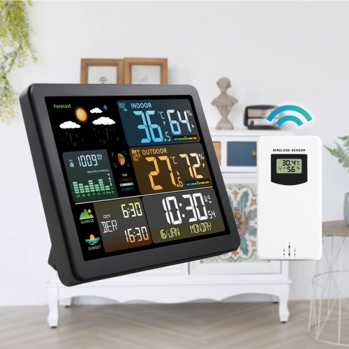 FJ3566M Smart Weather Station with Clock Indoor and Outdoor Temperature & Humidity Meter Multifunctional Large Color Screen Weather Clock Temperature & Humidity Gauge with 1 Sensor(Support up to 3 Sensers), Temperature Humidity Moon Phase Tide Pressure We 
