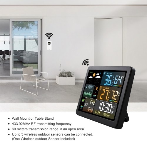 FJ3566M Smart Weather Station with Clock Indoor and Outdoor Temperature & Humidity Meter Multifunctional Large Color Screen Weather Clock Temperature & Humidity Gauge with 1 Sensor(Support up to 3 Sensers), Temperature Humidity Moon Phase Tide Pressure We 