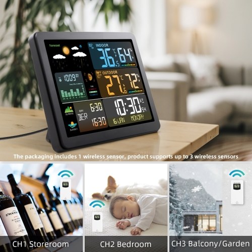 FJ3566M Smart Weather Station with Clock Indoor and Outdoor Temperature & Humidity Meter Multifunctional Large Color Screen Weather Clock Temperature & Humidity Gauge with 1 Sensor(Support up to 3 Sensers), Temperature Humidity Moon Phase Tide Pressure We 