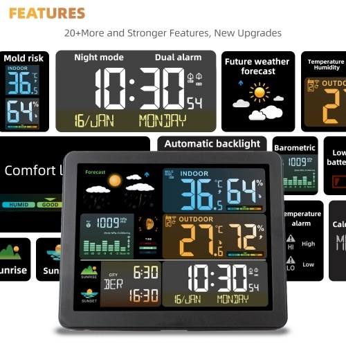 FJ3566M Smart Weather Station with Clock Indoor and Outdoor Temperature & Humidity Meter Multifunctional Large Color Screen Weather Clock Temperature & Humidity Gauge with 1 Sensor(Support up to 3 Sensers), Temperature Humidity Moon Phase Tide Pressure We 