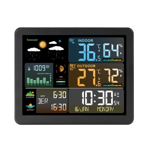 FJ3566M Smart Weather Station with Clock Indoor and Outdoor Temperature & Humidity Meter Multifunctional Large Color Screen Weather Clock Temperature & Humidity Gauge with 1 Sensor(Support up to 3 Sensers), Temperature Humidity Moon Phase Tide Pressure We 