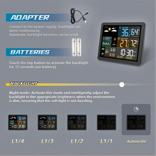 FJ3566M Smart Weather Station with Clock Indoor and Outdoor Temperature & Humidity Meter Multifunctional Large Color Screen Weather Clock Temperature & Humidity Gauge with 1 Sensor(Support up to 3 Sensers), Temperature Humidity Moon Phase Tide Pressure We 