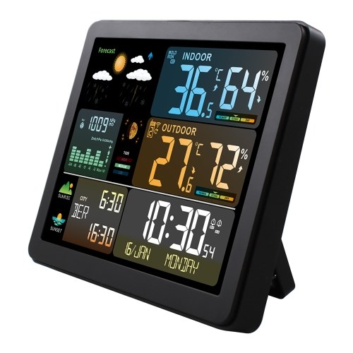 FJ3566M Smart Weather Station with Clock Indoor and Outdoor Temperature & Humidity Meter Multifunctional Large Color Screen Weather Clock Temperature & Humidity Gauge with 1 Sensor(Support up to 3 Sensers), Temperature Humidity Moon Phase Tide Pressure We 