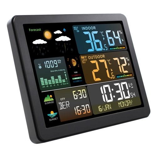 FJ3566M Smart Weather Station with Clock Indoor and Outdoor Temperature & Humidity Meter Multifunctional Large Color Screen Weather Clock Temperature & Humidity Gauge with 1 Sensor(Support up to 3 Sensers), Temperature Humidity Moon Phase Tide Pressure We 