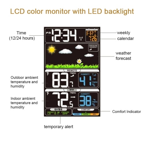 Multifunctional Weather Station Indoor/Outdoor Thermometer Temperature and Humidity Monitor 12H/24H Electronic Alarm Clock Weather Forecast Clock for Home Offie Bedroom Restaurant 