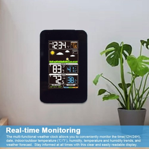 Multifunctional Weather Station Indoor/Outdoor Thermometer Temperature and Humidity Monitor 12H/24H Electronic Alarm Clock Weather Forecast Clock for Home Offie Bedroom Restaurant 