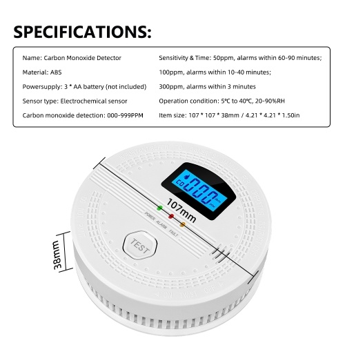 Carbon Monoxide Smoke Detector Electrochemical Sensor Smoke Detector Digital Display Sound and Light Alarm LED Indicator Light Functions 