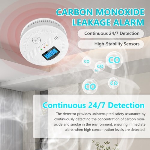 Carbon Monoxide Smoke Detector Electrochemical Sensor Smoke Detector Digital Display Sound and Light Alarm LED Indicator Light Functions 