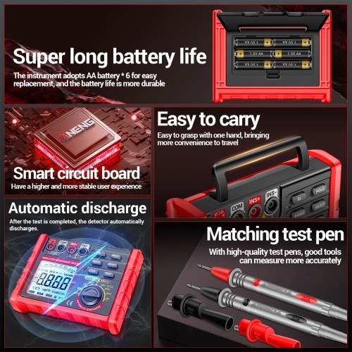 Insulation Resistance Tester 6000 Counts 0.1M Ω~2000M Ω Range DC/AC Voltage Diode Tester with LCD Display 4 Test Voltage Optional 100V 250V 500V 1000V Data Hold  for Measuring Transformers/Motors/Cable 