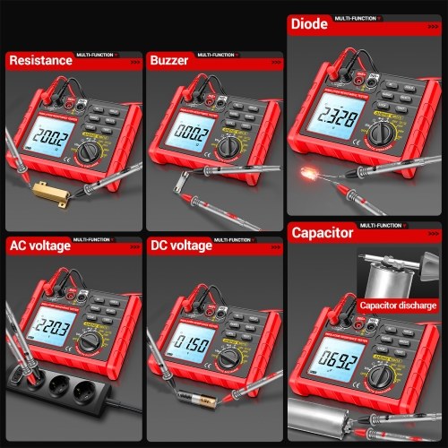 Insulation Resistance Tester 6000 Counts 0.1M Ω~2000M Ω Range DC/AC Voltage Diode Tester with LCD Display 4 Test Voltage Optional 100V 250V 500V 1000V Data Hold  for Measuring Transformers/Motors/Cable 