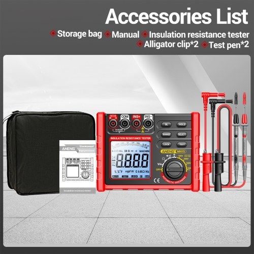 Insulation Resistance Tester 6000 Counts 0.1M Ω~2000M Ω Range DC/AC Voltage Diode Tester with LCD Display 4 Test Voltage Optional 100V 250V 500V 1000V Data Hold  for Measuring Transformers/Motors/Cable 