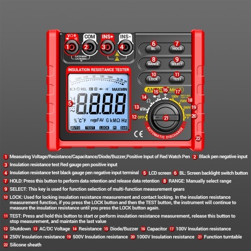 Insulation Resistance Tester 6000 Counts 0.1M Ω~2000M Ω Range DC/AC Voltage Diode Tester with LCD Display 4 Test Voltage Optional 100V 250V 500V 1000V Data Hold  for Measuring Transformers/Motors/Cable 