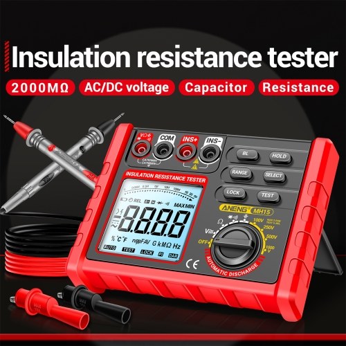 Insulation Resistance Tester 6000 Counts 0.1M Ω~2000M Ω Range DC/AC Voltage Diode Tester with LCD Display 4 Test Voltage Optional 100V 250V 500V 1000V Data Hold  for Measuring Transformers/Motors/Cable 