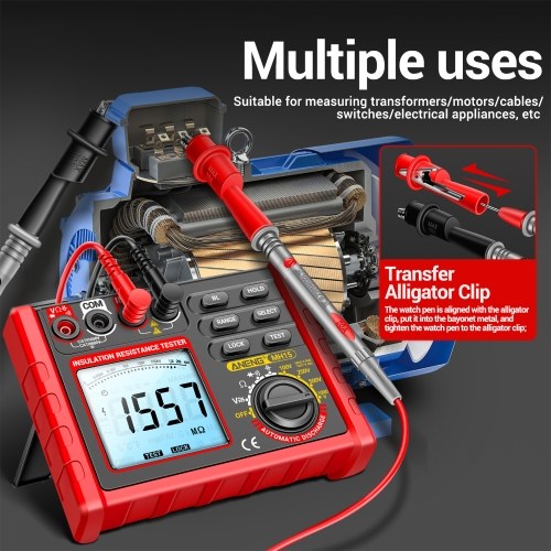 Insulation Resistance Tester 6000 Counts 0.1M Ω~2000M Ω Range DC/AC Voltage Diode Tester with LCD Display 4 Test Voltage Optional 100V 250V 500V 1000V Data Hold  for Measuring Transformers/Motors/Cable 