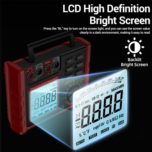 Insulation Resistance Tester 6000 Counts 0.1M Ω~2000M Ω Range DC/AC Voltage Diode Tester with LCD Display 4 Test Voltage Optional 100V 250V 500V 1000V Data Hold  for Measuring Transformers/Motors/Cable 