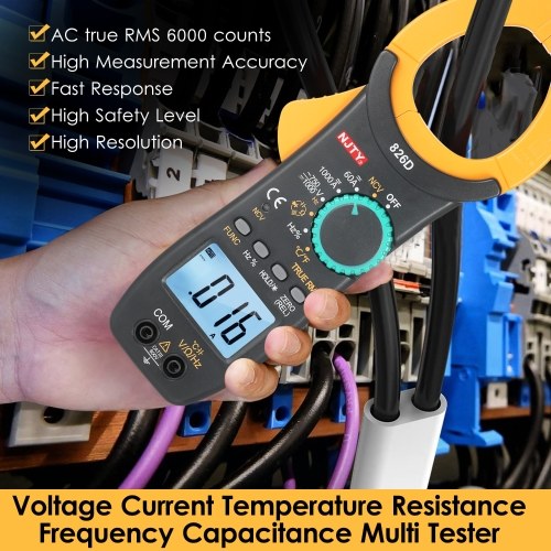 NJTY 826D 1000A AC Clamp Meter Auto Range 6000 Counts 1.9-inch LCD Digital AC True RMS NCV Clamp Type Universal Meter Multipurpose for Measuring DC/AC Current DC/AC Voltage Temperature Resistance Frequency Capacitance Diodes and Buzzer