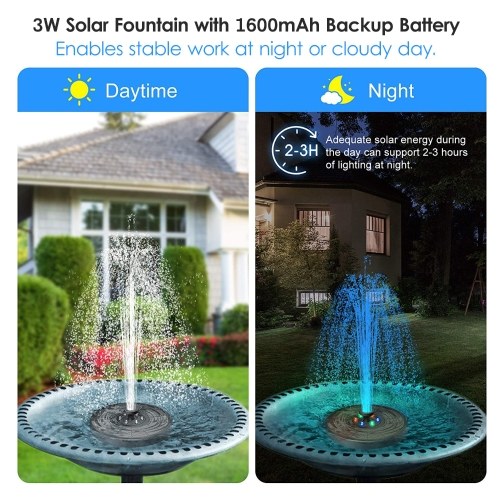 Solar Fountain Pump 3W Solar Powered Outdoor Bird Bath Fountain 7 Spray Patterns Water Pump with Colored LED Lights Battery Backup for Garden Pond Pool Fish Tank Aquarium and Pet 