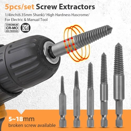 

5pcs/set Screw Extractors Broken Screw Extractor Kit Damaged Stripped Screws Remover 1/4 Inch Shank High Hardness Hascrome Material