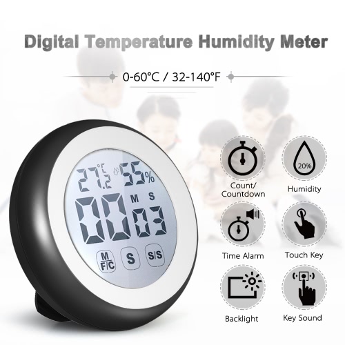

°C/°F Digital Thermometer Hygrometer Temperature Humidity Meter Count Countdown Touch Key with Backlight