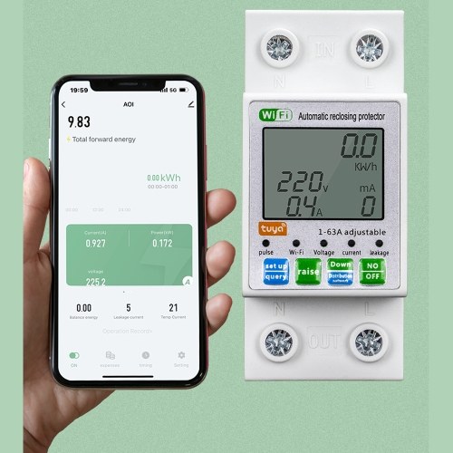 Tuya WiFi Intelligent Automatic Reclosing Protector Multifunctional Current Voltage Monitoring Meter LCD Display Switch Power Meter Protections Values Settable Mobilephone APP Control 