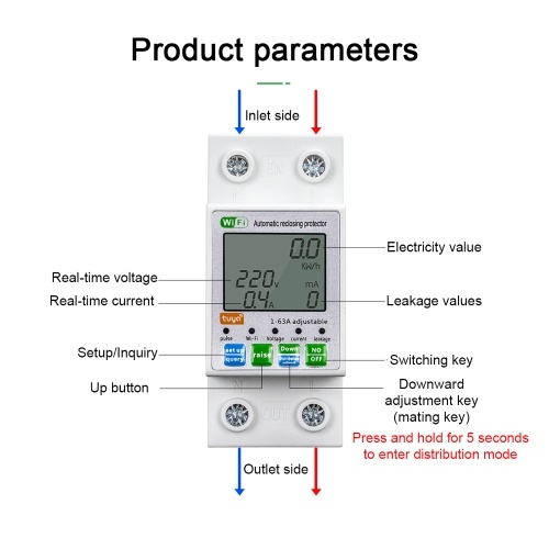 Tuya WiFi Intelligent Automatic Reclosing Protector Multifunctional Current Voltage Monitoring Meter LCD Display Switch Power Meter Protections Values Settable Mobilephone APP Control 