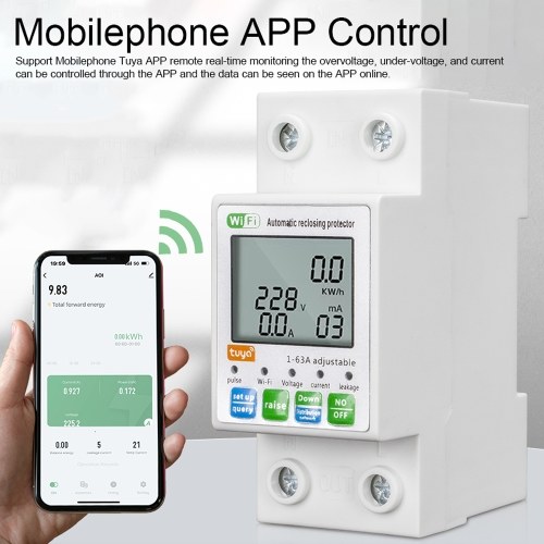Tuya WiFi Intelligent Automatic Reclosing Protector Multifunctional Current Voltage Monitoring Meter LCD Display Switch Power Meter Protections Values Settable Mobilephone APP Control 