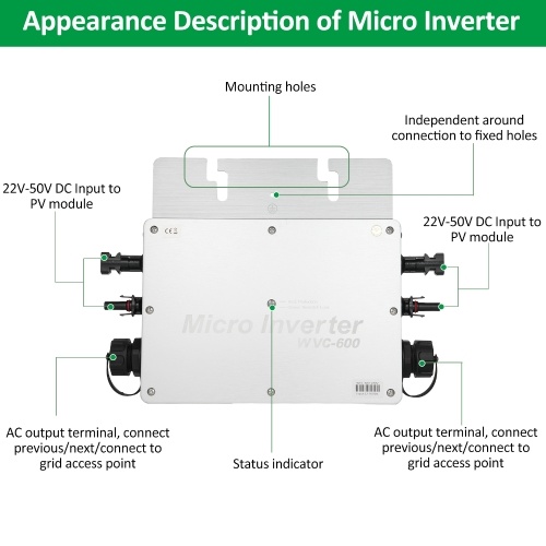 

WVC-600 Micro Inverter, 600W Solar Grid Tie Micro Inverter Waterproof IP65 MPPT DC22-50V PV Input AC220V Output for Solar Panel, EU Plug