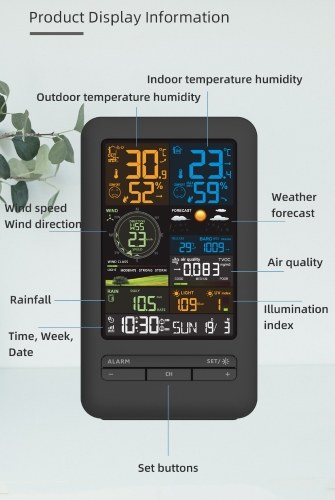 Professional Weather Station Indoor Outdoor Thermometer Home Weather Stations with  Rainfall and Wind Speed Wind Direction Digital Color Display 