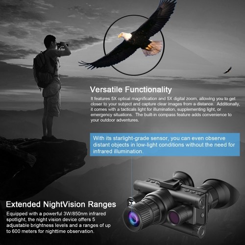 Monocular Night Vision Device 40MP 4K Digital Infrared Telescope 600m Night Vision Distance Support Photo Video Recording 5X Optical Magnification 8X Digital Zoom for Outdoor Camping Huntings Night Observation Boating 