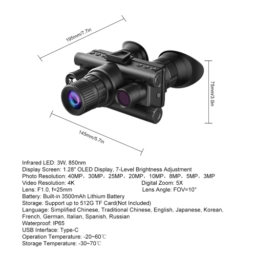 Monocular Night Vision Device 40MP 4K Digital Infrared Telescope 600m Night Vision Distance Support Photo Video Recording 5X Optical Magnification 8X Digital Zoom for Outdoor Camping Huntings Night Observation Boating 