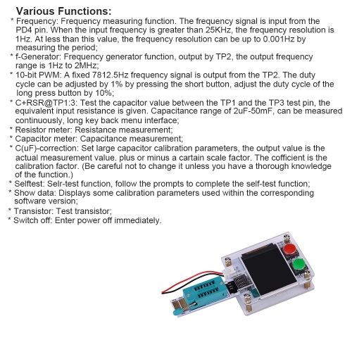 

DIY Kit 1.8" LCD Display Screen Transistor Tester Resistance Diode Capacitance ESR Meter ATmega328 with Acrylic Case