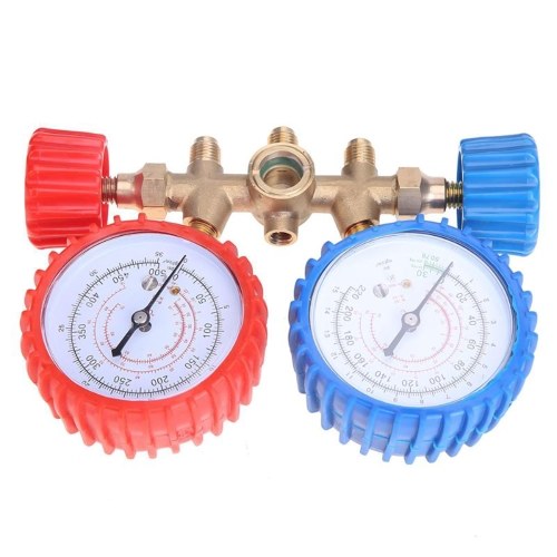 R134A R12 R22 R502 Misuratore per divisori di corrente Set di strumenti refrigeranti Aria condizionata Collettore di diagnostica AC Manometri Valvola a doppio tavolo con tubo flessibile a 3 colori