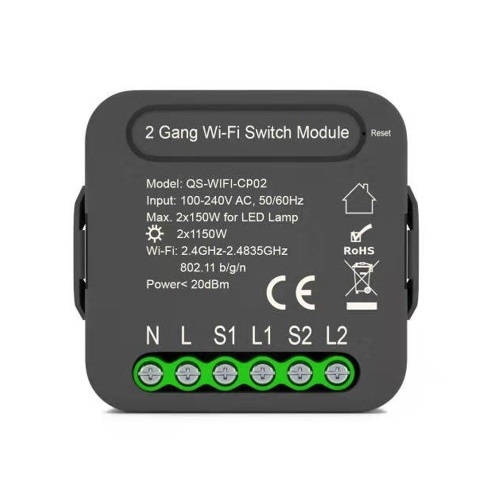 QS-WIFI-CP02 Tuya WiFi Módulo de interruptor inteligente Módulo de conversión de electrodomésticos inteligentes para el hogar Módulo de interruptor de iluminación de 2 bandas Aplicación de teléfono móvil Control remoto Compatible con Alexa Control de voz de Google Home