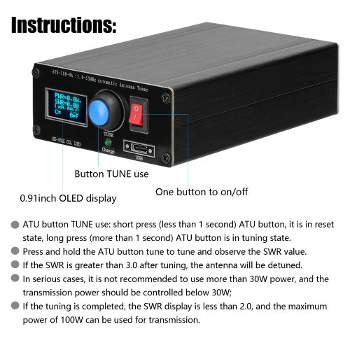 ATU-100-0A 1.8-55MHz Mini Automatic Antenna Tuner 0.91inch OLED Display Aluminum Alloy Outcase with1800MAh Battery 