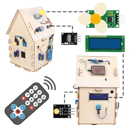 Casa de madera Kit de inicio inteligente para el hogar Electrónica Automatización del hogar Codificación Juguetes de aprendizaje Kit de sensores de bricolaje para niños Adolescentes Adultos STEM Juego educativo