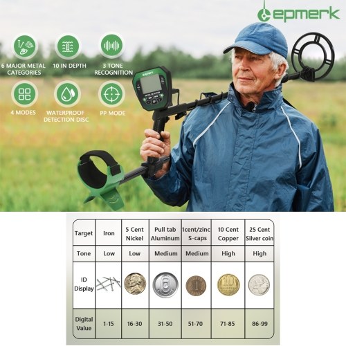 Metal Detector for Kids & Adults, Higher Accuracy Metal Detectors with LCD Display, Adjustable Stem, 4 Modes, 10`` Search Coil Detector for Gold, Silver, Coin, Treasure Hunting Green 