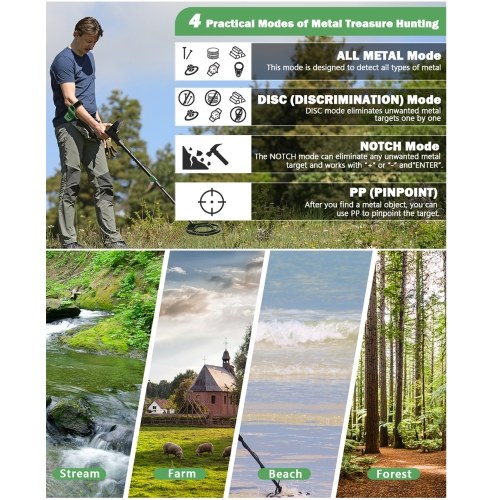 Metal Detector for Kids & Adults, Higher Accuracy Metal Detectors with LCD Display, Adjustable Stem, 4 Modes, 10`` Search Coil Detector for Gold, Silver, Coin, Treasure Hunting Green 