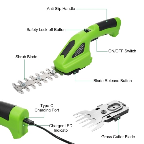 Cordless Hedge Trimmer, 2-in-1 Handheld Hedge Trimmer, 7.2V Electric Grass Trimmer with USB Charging Cable, Lightweight & Portable Grass Shear for Garden Yard Lawn 