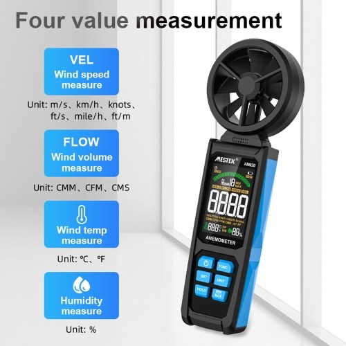 Handheld High Accuracy Anemometer Double Bearing 8-blade Fan Digital Anemometer LCD Backlit Color Display Wind Speed Meter Six Measurement Modes with Data Hold and Low Battery Indication Function 