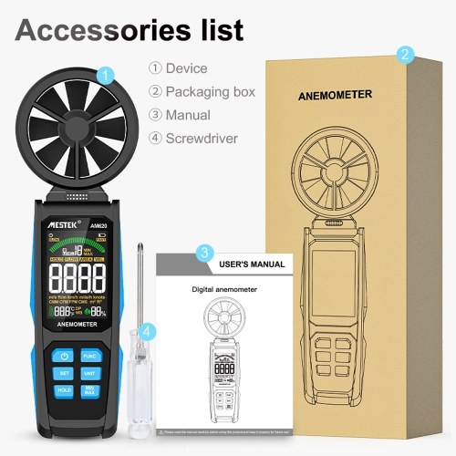 Handheld High Accuracy Anemometer Double Bearing 8-blade Fan Digital Anemometer LCD Backlit Color Display Wind Speed Meter Six Measurement Modes with Data Hold and Low Battery Indication Function 