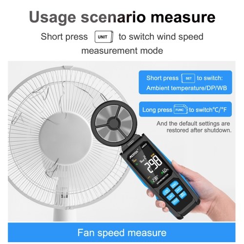 Handheld High Accuracy Anemometer Double Bearing 8-blade Fan Digital Anemometer LCD Backlit Color Display Wind Speed Meter Six Measurement Modes with Data Hold and Low Battery Indication Function 