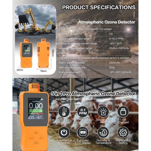 O3 Ozone Detector Analyzer Portable Outdoor Indoor Air Quality Meter Multifunctional Air Quality Monitor Temperature Humidity Gauge with Full Color LCD Screen Adjustable Alarm Threshold 