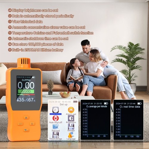 O3 Ozone Detector Analyzer Portable Outdoor Indoor Air Quality Meter Multifunctional Air Quality Monitor Temperature Humidity Gauge with Full Color LCD Screen Adjustable Alarm Threshold 