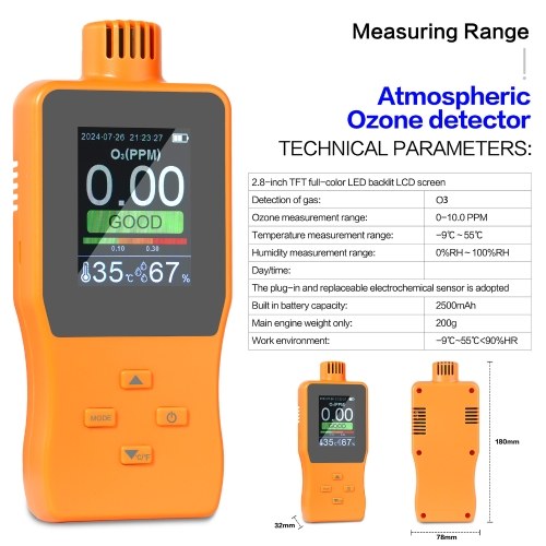 O3 Ozone Detector Analyzer Portable Outdoor Indoor Air Quality Meter Multifunctional Air Quality Monitor Temperature Humidity Gauge with Full Color LCD Screen Adjustable Alarm Threshold 