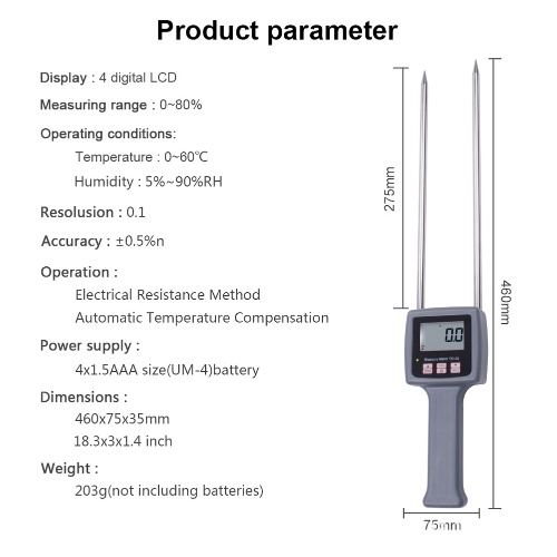 TK100 Moisture Meter Multifunctional Fibre Moisture Test Meter 0-80% Probe Humidity Tester Portable Water Content Analyzer for Tea Corn Straw Bran Soybean Rice 